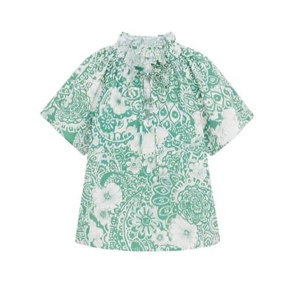 Tuckernuck Green and White Floral Print Ruffle Neck Top - Picture 6 of 11